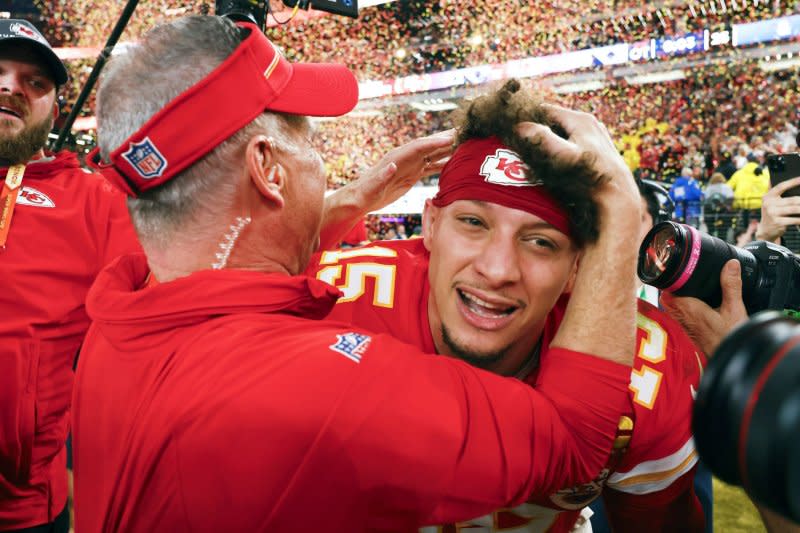 Kansas City Chiefs quarterback Patrick Mahomes celebrates after beating the San Francisco 49ers in Super Bowl LVIII on Sunday at Allegiant Stadium in Las Vegas. Photo by John Angelillo/UPI