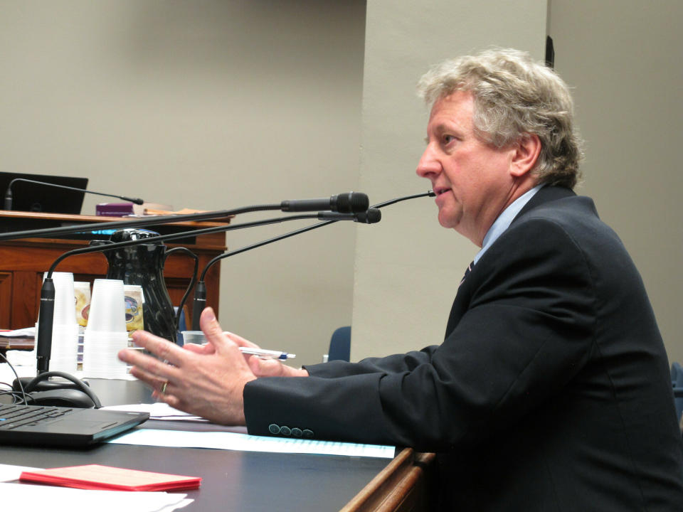 FILE - In a Tuesday, April 30, 2019 photo, Sen. John Milkovich, D-Keithville, speaks about his bill to ban abortions if a fetal heartbeat is detected, in a Senate judiciary committee hearing in Baton Rouge, La. The House health care committee Wednesday, May 15, 2019 backed legislation by Democratic Sen. John Milkovich to prohibit abortions when a fetal heartbeat is detected, similar to laws passed in several conservative states. (AP Photo/Melinda Deslatte, File)