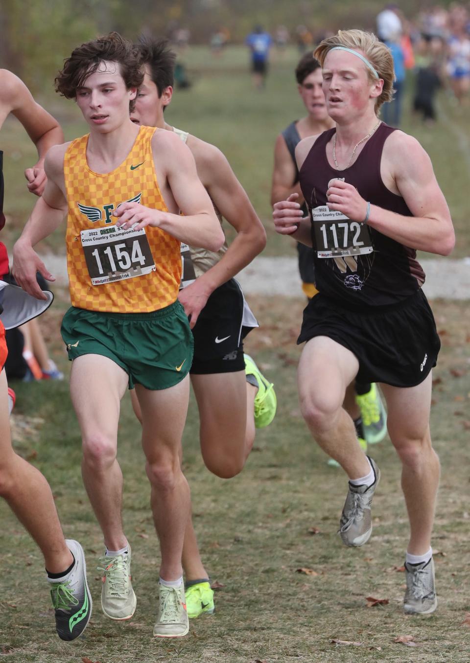 Firestone's Nate Julien and Stow's Micah Bentley compete in the Division I Boys Cross Country State Championship Meet at Fortress Obetz and Memorial Park on Nov. 6, 2022.