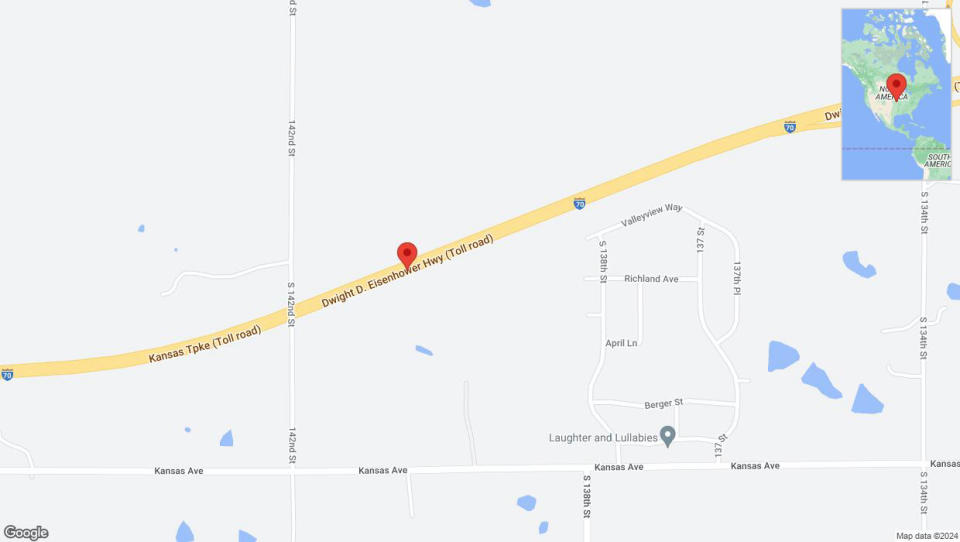 A detailed map that shows the affected road due to 'Heavy rain prompts traffic advisory on eastbound I-70 in Bonner Springs' on July 1st at 12:12 p.m.