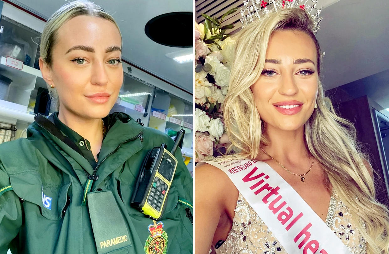 An NHS paramedic who faced crippling anxiety about her height has swapped her ambulance for the catwalk. (Miss England/SWNS)