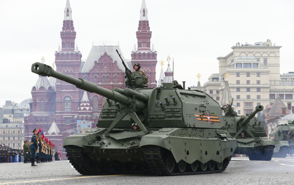 FILE - Russian 2S35 Koalitsiya-SV self-propelled howitzers roll toward Red Square during the Victory Day military parade in Moscow, Russia, Sunday, May 9, 2021, marking the 76th anniversary of the end of World War II in Europe. The Russian invasion of Ukraine is the largest conflict that Europe has seen since World War II, with Russia conducting a multi-pronged offensive across the country. The Russian military has pummeled wide areas in Ukraine with air strikes and has conducted massive rocket and artillery bombardment resulting in massive casualties. (AP Photo, File)