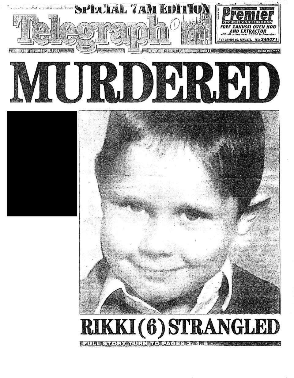 A front page of Peterborough Evening Telegraph dated November 30 1994 with an article about the death of Rikki Neave (CPS/PA) (PA Media)