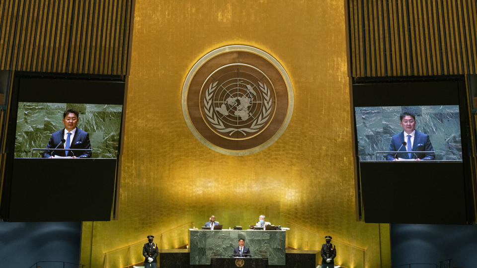 Mongolia's President Ukhnaa Khurelsukh addresses the General Debate during the 76th session of the United Nations General Assembly, Wednesday, Sept. 22, 2021, at UN headquarters. (Eduardo Munoz/Pool Photo via AP)