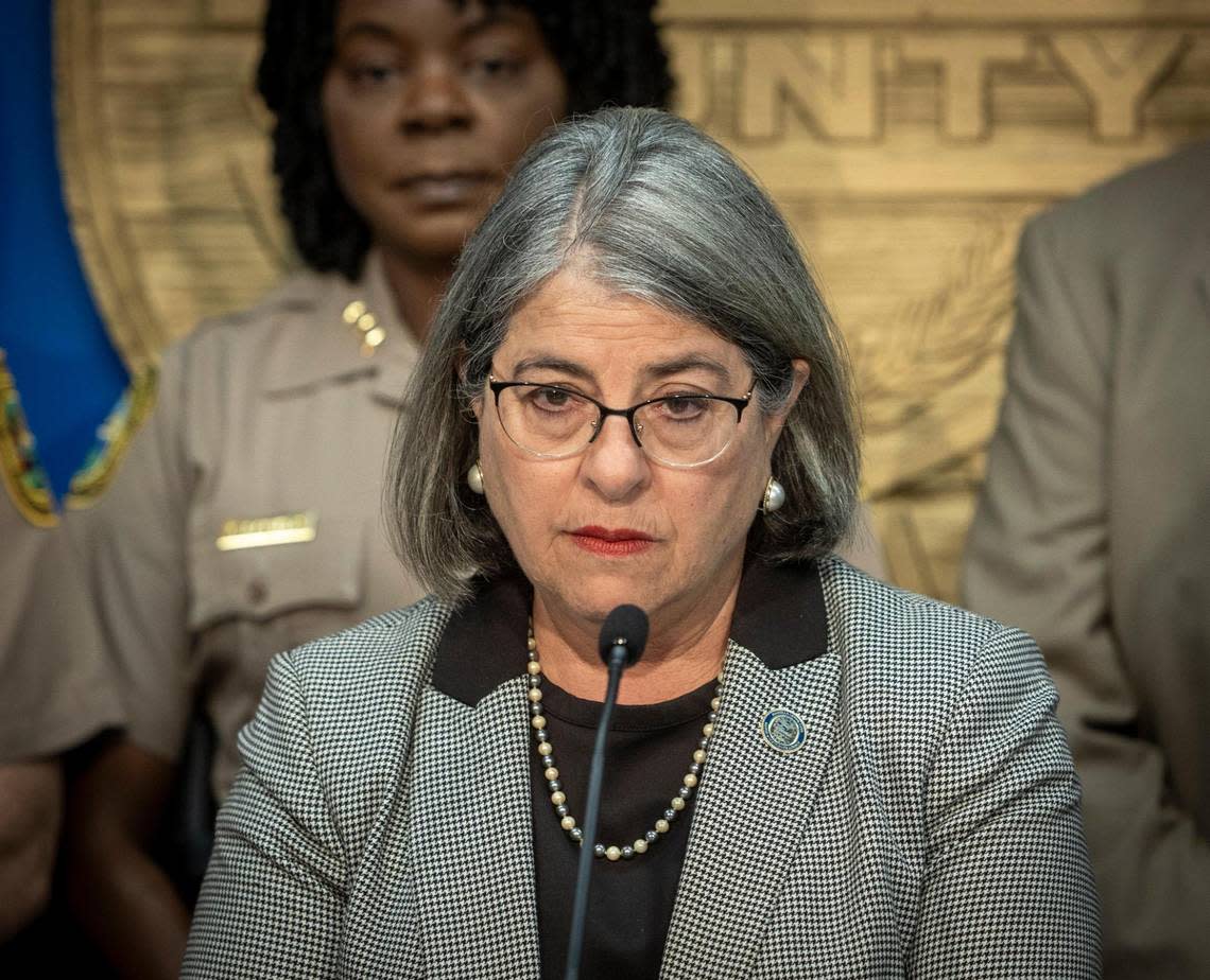 A visibly saddened Miami-Dade County Mayor Daniella Levine Cava takes questions from reporters on the condition of Chief of Public Safety Alfredo ‘Freddy’ Ramirez during a press conference at the Stephen P. Clark Government Center in downtown Miami on Wednesday, July 26, 2023.