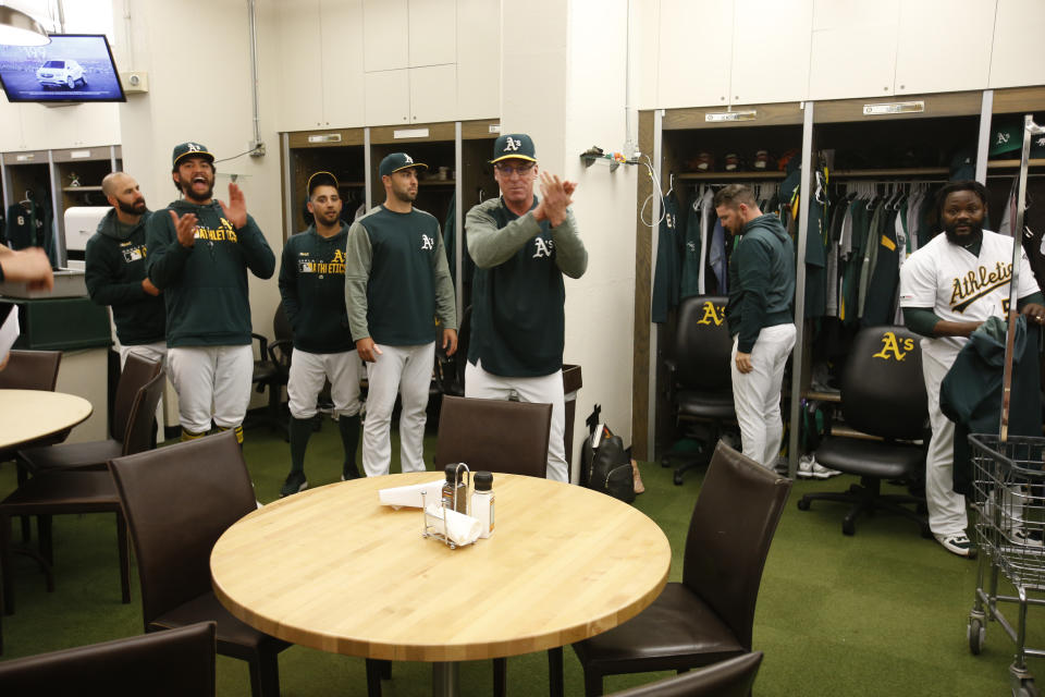 OAKLAND, CA - APRIL 22: Manager Bob Melvin #6 of the Oakland Athletics addresses the team in the clubhouse following the game against the Texas Rangers at the Oakland-Alameda County Coliseum on April 22, 2019 in Oakland, California. The Athletics defeated the Rangers 6-1. (Photo by Michael Zagaris/Oakland Athletics/Getty Images)