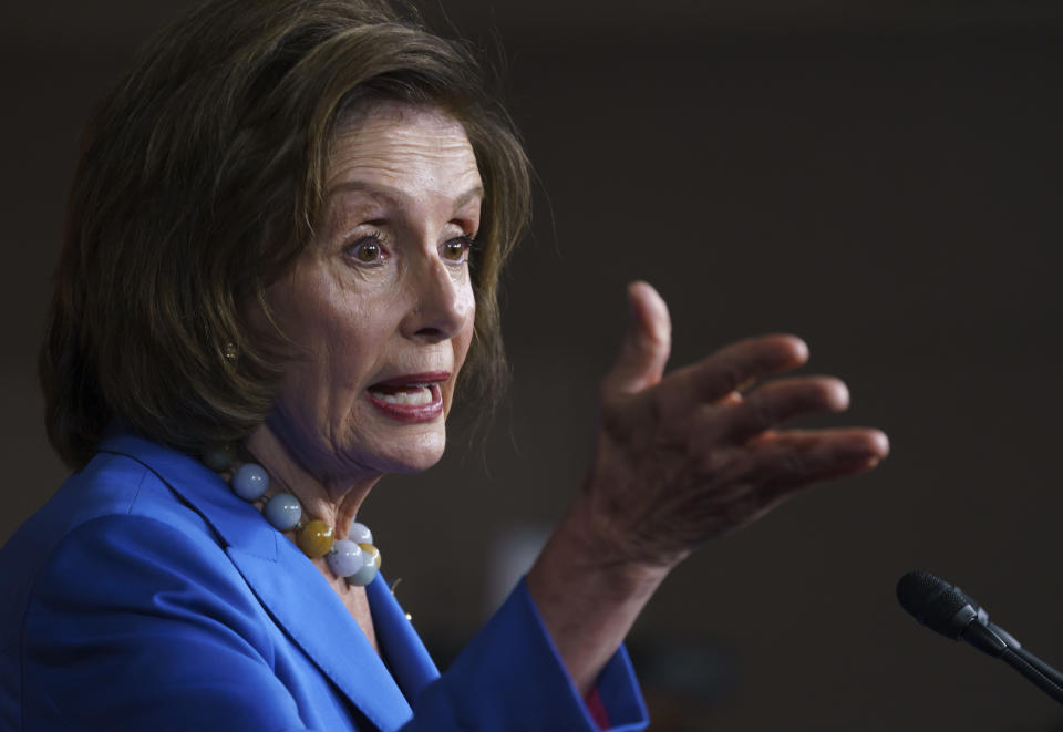 Speaker of the House Nancy Pelosi, D-Calif., meets with reporters at the Capitol in Washington, Tuesday, Oct. 12, 2021. (AP Photo/J. Scott Applewhite)