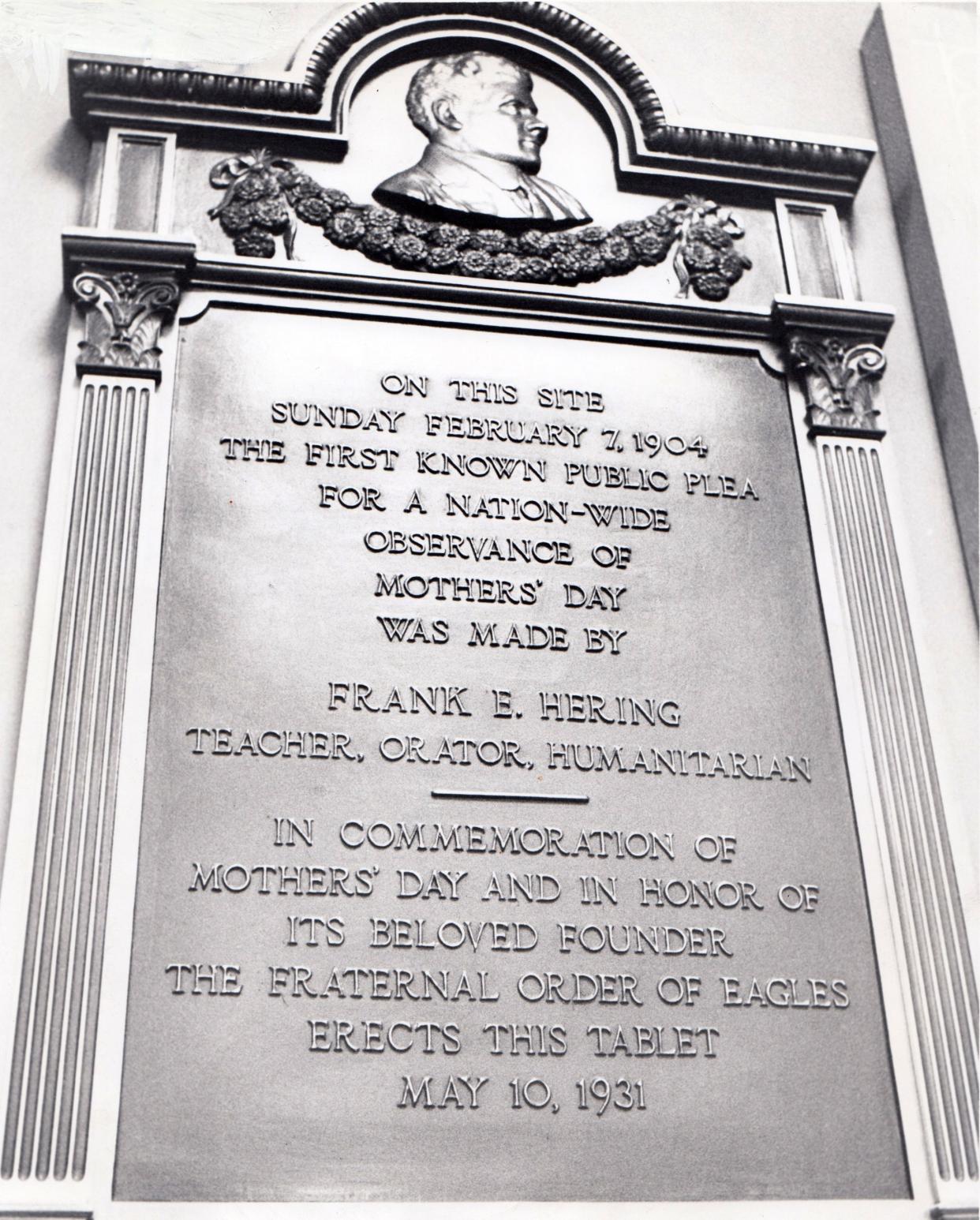This plaque in the lobby of the English Opera House commemorates the first public plea for "Mother's Day," made during a speech in 1904 by Frank Hering.