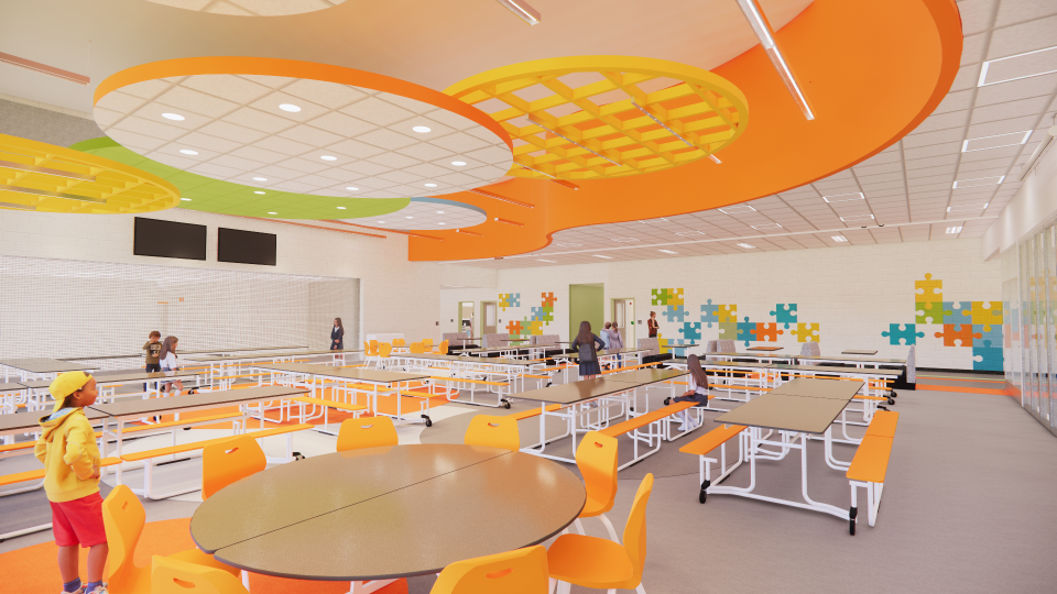 An artist's rendering shows the colorful cafeteria area planned for Massillon City Schools' two new elementary schools.