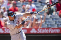 DetroitTigers' Miguel Cabrera hits a two-run single during the fifth inning of a baseball game against the Los Angeles Angels in Anaheim, Calif., Sunday, June 20, 2021. (AP Photo/Kyusung Gong)