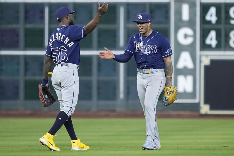 Tampa Bay Rays shortstop Wander Franco (R) is being investigated after he was the subject of social media posts, which alleged his was in an inappropriate relationship with a minor. File Photo by Kevin M. Cox/UPI