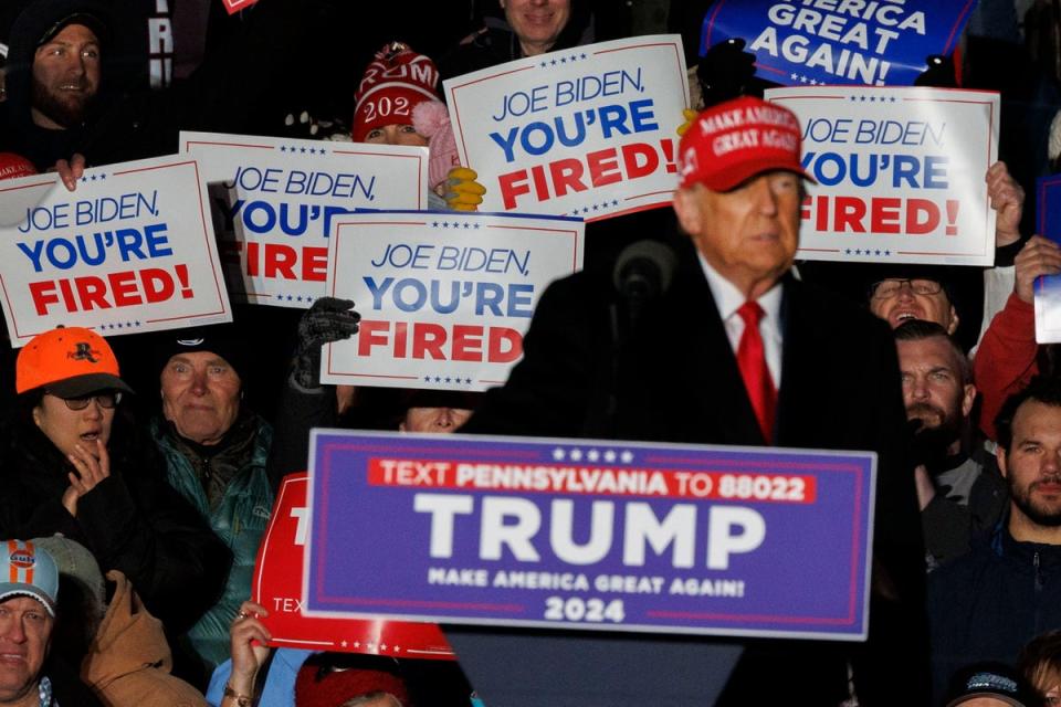 Supporters of Donald Trump chanted ‘Genocide Joe’ at his campaign rally, pictured above in Schnecksville, Pennsylvania, on Saturday evening (EPA)