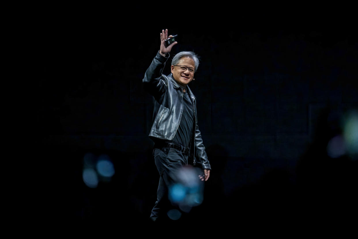 TAIPEI, TAIWAN - 2023/05/29: Nvidia president and CEO Jensen Huang enters the stage while waving to the audience at a keynote presentation at COMPUTEX. The COMPUTEX 2023 runs from 30 May to 02 June 2023 and gathers over 1,000 exhibitors from 26 different countries with 3000 booths to display their latest products and to sign orders with foreign buyers. (Photo by Walid Berrazeg/SOPA Images/LightRocket via Getty Images)