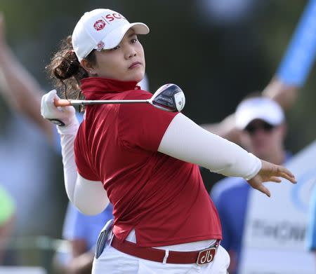 FILE PHOTO: Apr 3, 2016; Rancho Mirage, CA, USA; Ariya Jutanugarn tees off on the 13th hole during the final round of the ANA Inspiration tournament at Mission Hills CC - Dinah Shore Tournament Course. Kelvin Kuo-USA TODAY Sports -