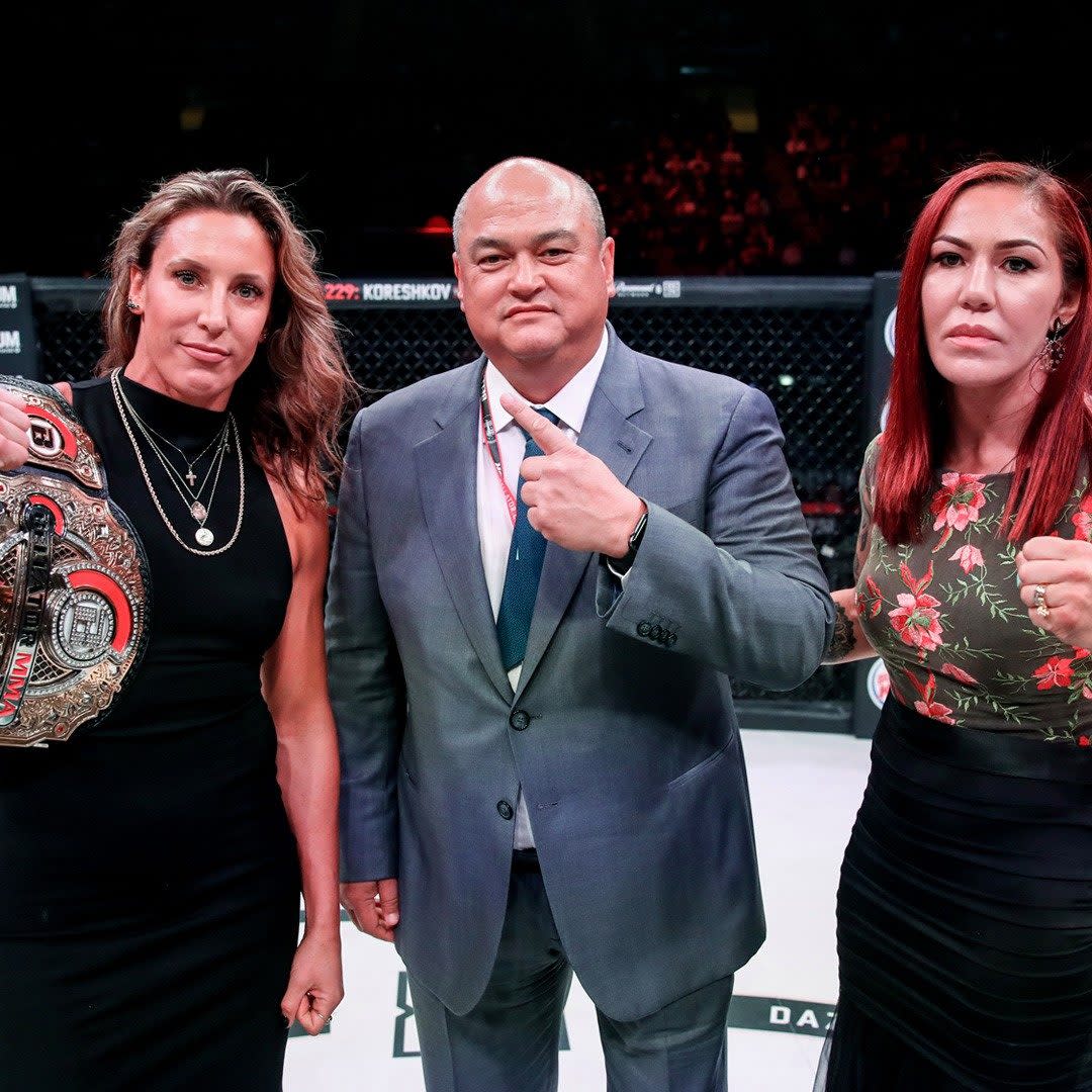 Julia Budd and Cris Cyborg Justino (right) at the announcement of their Bellator featherweight title bout with president Scott Coker   - Lucas Noonan/Bellator