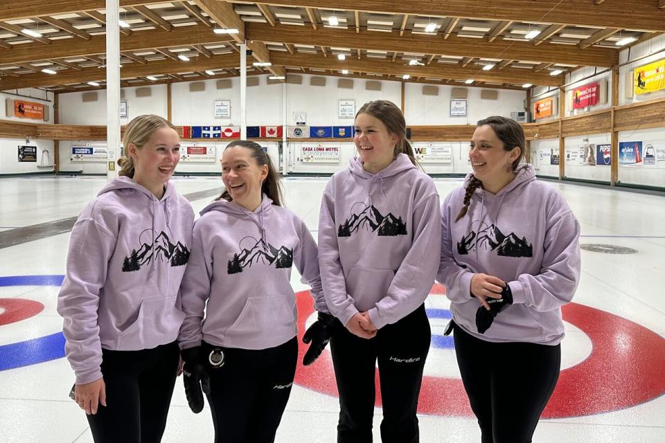 The women's curling team that will represent Yukon at the 2024 Scotties Tournament of Hearts. From left, skip Bayly Scoffin, third Kerry Foster, second Raelyn Helston, and lead Kimberly Tuor. Photo taken at the Whitehorse Curling Club.