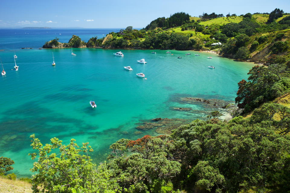 Elevated wide angle view of bay and beach with moored yachts on Rakino Island