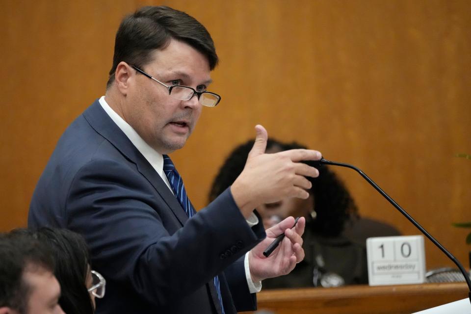 Attorney Cliff Johnson, Director of the Roderick and Solange MacArthur Justice Center, speaks during a hearing, Wednesday, May 10, 2023, in Hinds County Chancery Court in Jackson, Miss., where a judge heard arguments about a Mississippi law that would create a court system with judges who would be appointed rather than elected. (AP Photo/Rogelio V. Solis)