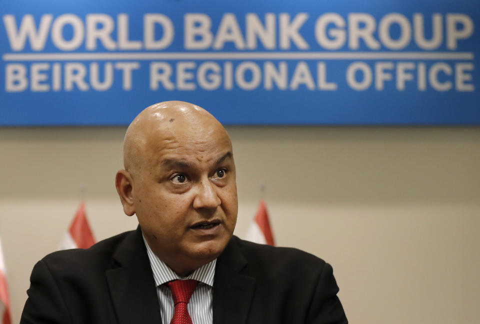 World Bank Regional Director Saroj Kumar Jha, speaks during an interview with the Associated Press, in Beirut, Lebanon, Friday, Nov. 8, 2019. Jha said during the interview that Lebanon needs to quickly form a new Cabinet within a week to prevent further degradation of the Lebanese economy and the confidence of the Lebanese economy. Jha said in recent weeks the World Bank has observed increasing risks to Lebanon's economic and financial stability and therefore it is very concerned that this will impact Lebanon's poor people, middle class and businesses.(AP Photo/Hussein Malla)