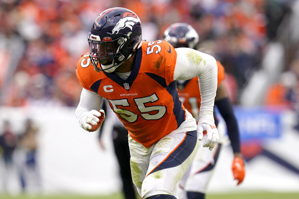 Former Denver Broncos linebacker Bradley Chubb (55) was one of the biggest names traded on Tuesday, as he heads to the Miami Dolphins. (AP Photo/Matt York)