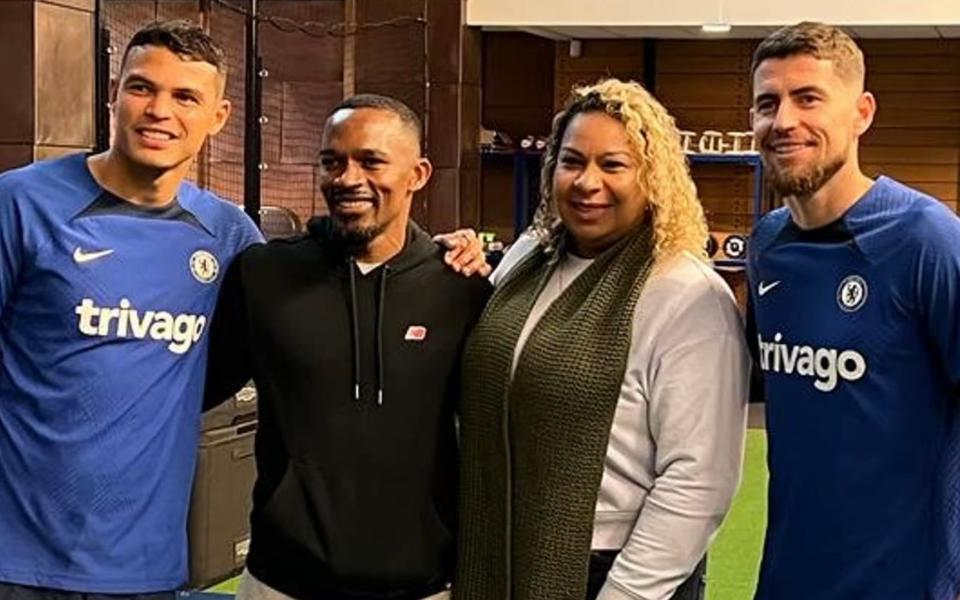 Endrick's parents, Douglas and Cíntia, with Thiago Silva (far left) and Jorginho at Chelsea's training ground at Cobham