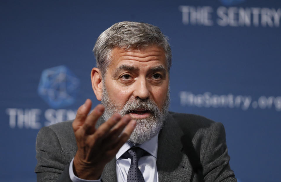 US actor and activist George Clooney speaks at a press conference about South Sudan in London, Thursday, Sept. 19, 2019. The largest multinational oil consortium in South Sudan is "proactively participating in the destruction" of the country, the actor George Clooney and co-founder of The Sentry watchdog group told The Associated Press this week. (AP Photo/Alastair Grant)