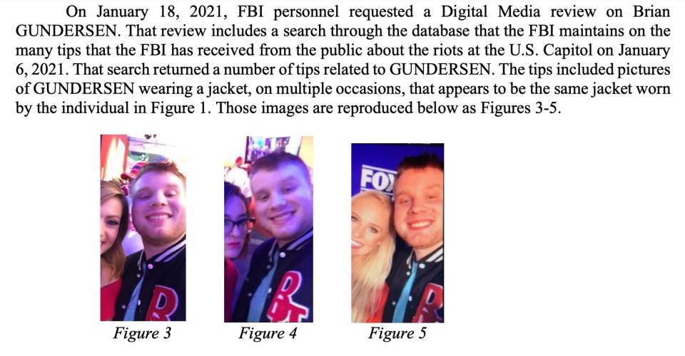 Brian Gundersen wore his high school varsity jacket to the attack on the U.S. Capitol. (Photo: FBI)