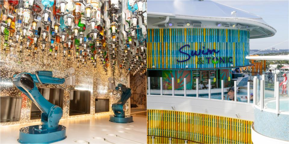 Wonder of the Seas' robot bartender-staffed bar (left) and Icon of the Seas' swim-up bar (right)