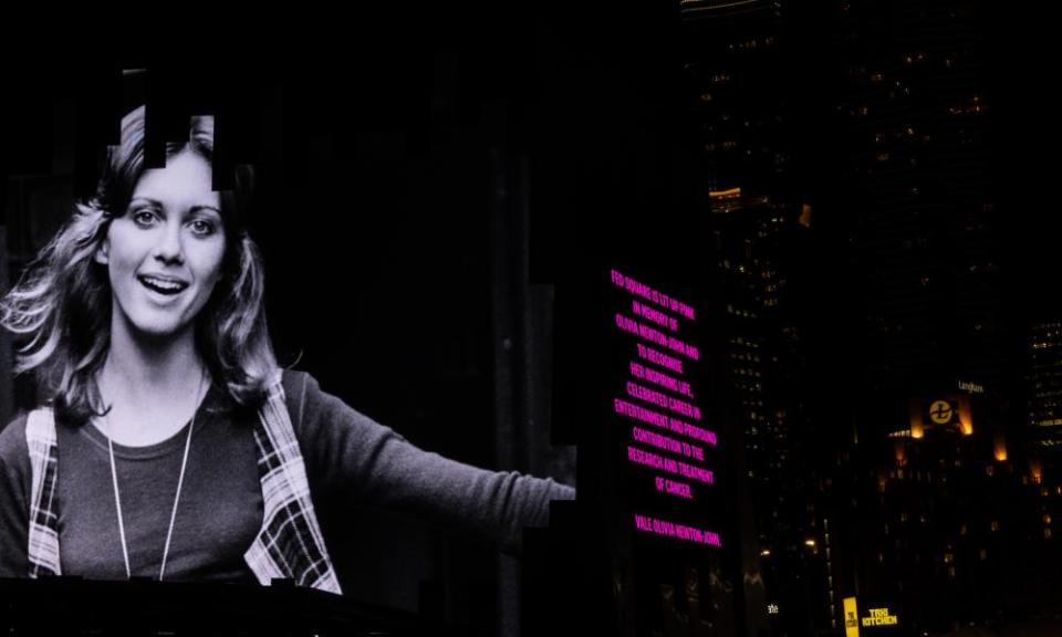 Federation Square in Melbourne is lit up pink as a tribute to British-born Australian singer and actor Olivia Newton-John.