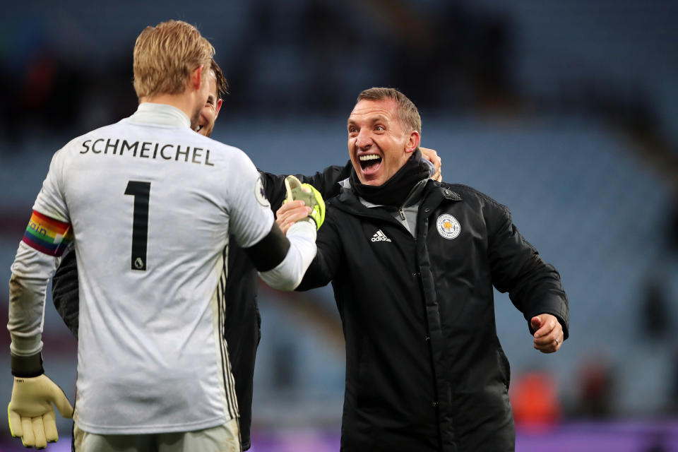 BIRMINGHAM, ENGLAND - DECEMBER 08: Leicester City manager Brendan Rodgers celebrates with Kasper Schmeichel during the Premier League match between Aston Villa and Leicester City at Villa Park on December 8, 2019 in Birmingham, United Kingdom. (Photo by Marc Atkins/Getty Images)