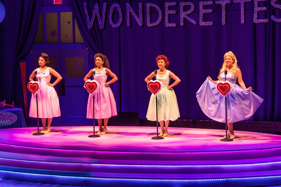 The Marvelous Wonderettes (from left to right) Cindy Lou (Meadow Nguy), Betty Jean (Alanna Saunders), Missy (Andrea Dotto) and Suzy (Leanne Smith) perform "Sugartime" at their high school prom in 1958.