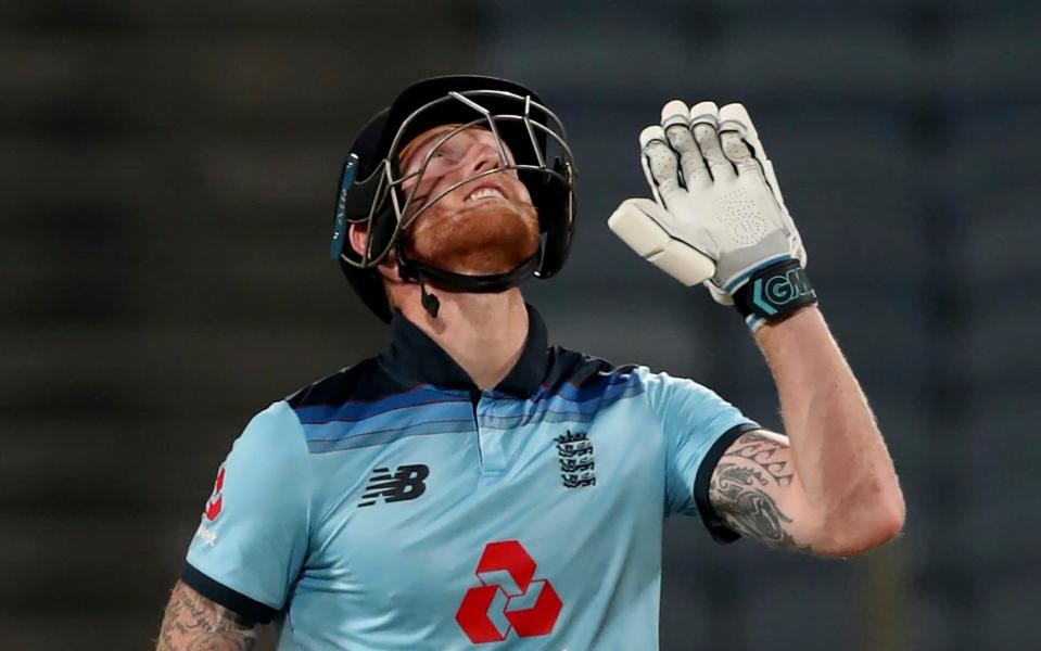 Ben Stokes appears to say sorry to his late father, Ged, after being dismissed for 99 - AP