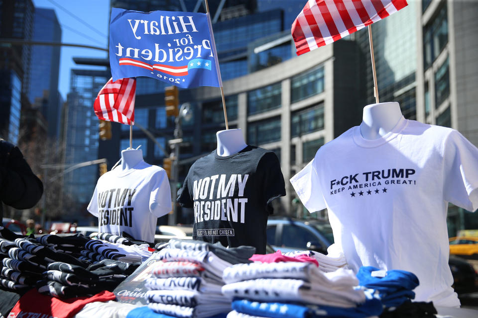 <p>Vendors sell shirts along Broadway before the “Not My President’s Day” rally on Central Park West in New York City on Feb. 20, 2017. (Gordon Donovan/Yahoo News) </p>