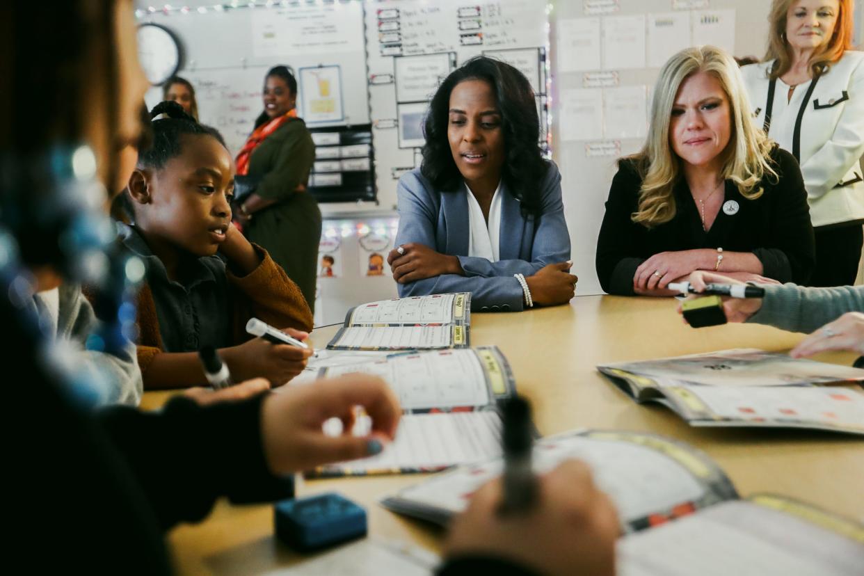 The new MSCS superintendent Dr. Marie Feagins listens in a lesson being taught to elementary students during a tour on Thursday, April 04, 2024 at Kate Bond Elementary located at 2727 Kate Bond Road in Memphis, Tenn.