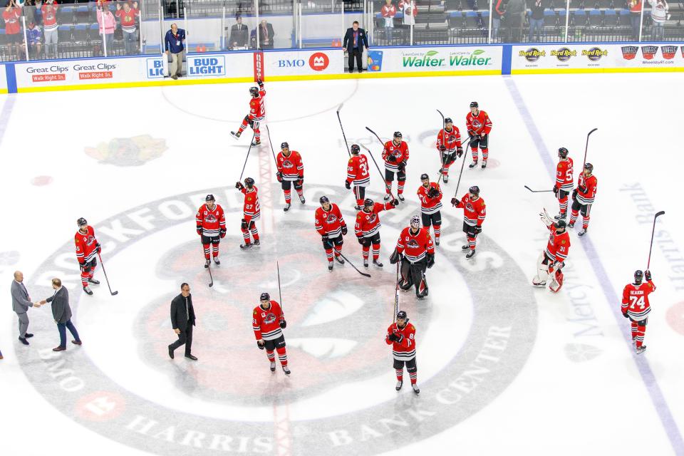 Last season's Rockford IceHogs' squad bids farewell to its fans after bowing out of the Calder Cup Playoffs with a loss at the BMO Harris Bank Center in Rockford on Sunday, May 15, 2022.