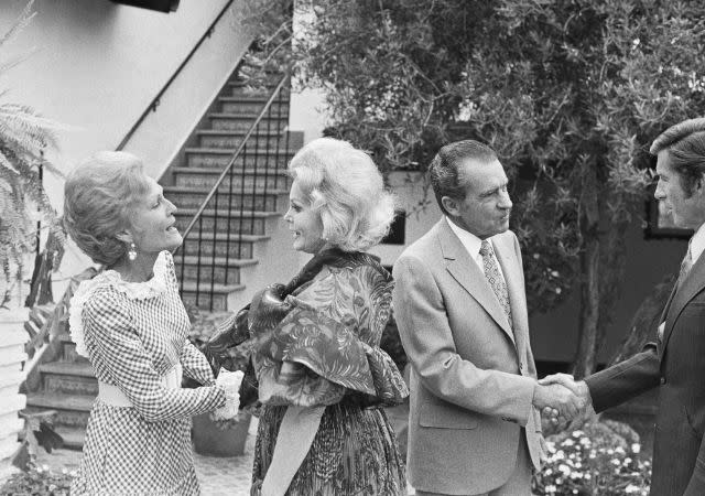 (Original Caption) San Clemente, California: Mrs. Pat Nixon and actress Zsa Zsa Gabor get together at the celebrity party hosted by the President and Mrs. Nixon for some 300 Hollywood stars.