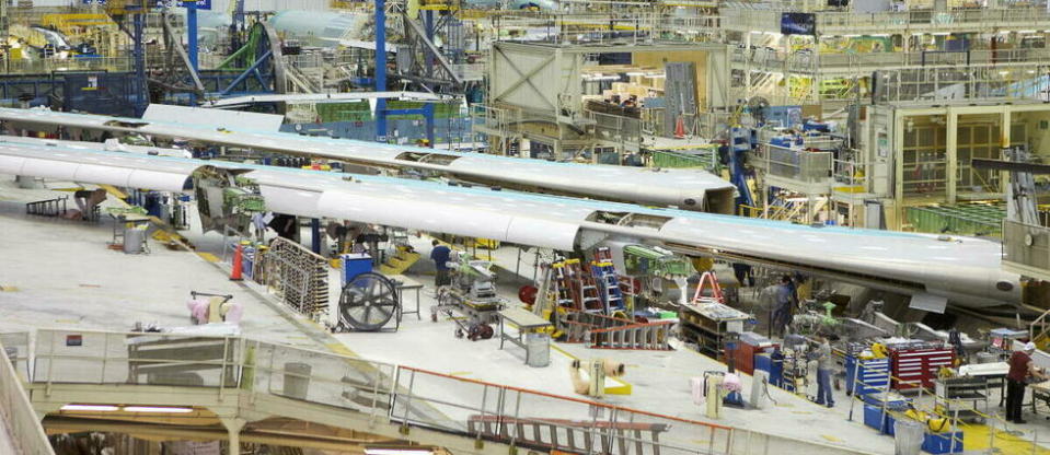 C'est dans l'usine de Boeing à Everett, près de Seattle, que le Boeing 747-8 a été assemblé.  - Credit:STEPHEN BRASHEAR / GETTY IMAGES NORTH AMERICA / Getty Images via AFP