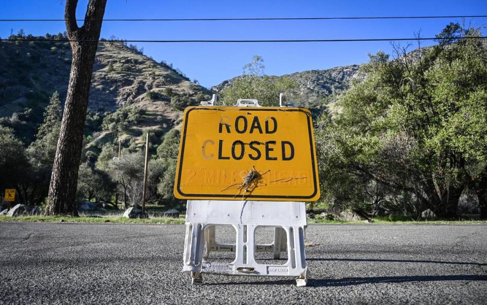 A road closed sign sits at the entrance to the El Portal Trailer Park near Yosemite National Park on Sunday, March 13, 2022. Residents are being force to leave by the National Park Service which owns the land.