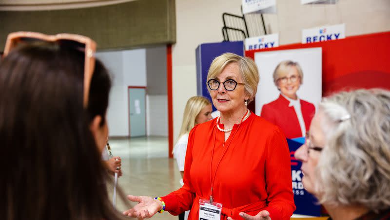 Utah Congressional 2nd District candidate Becky Edwards speaks with delegates during the Utah Republican Party’s special election at Delta High School in Delta on June 24, 2023.