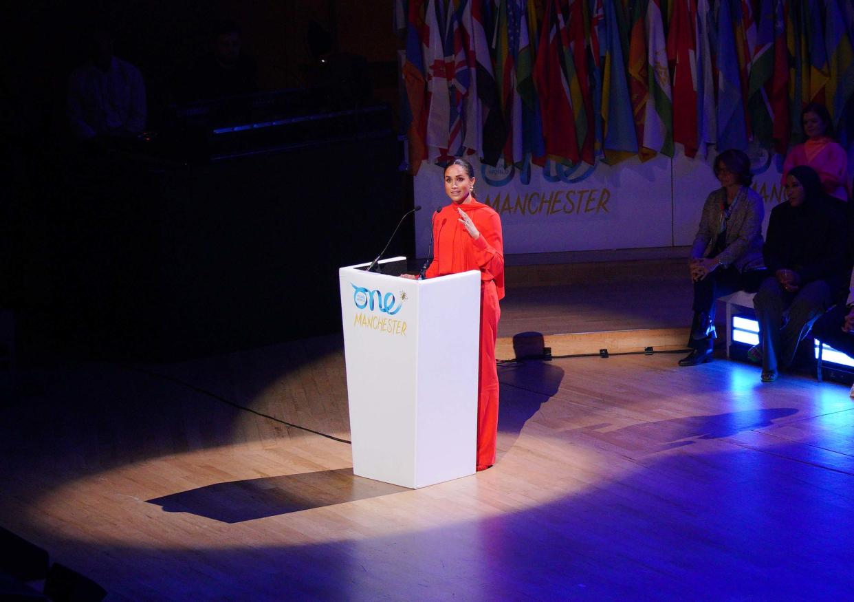 The Duchess of Sussex speaks at the One Young World 2022 Manchester Summit at Bridgewater Hall, Manchester, during their visit to the UK. Picture date: Monday September 5, 2022. (Photo by Peter Byrne/PA Images via Getty Images)