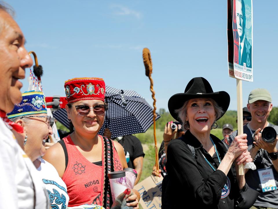Jane Fonda attending a demonstration in June 2021 for Enbridge Line 3 pipeline