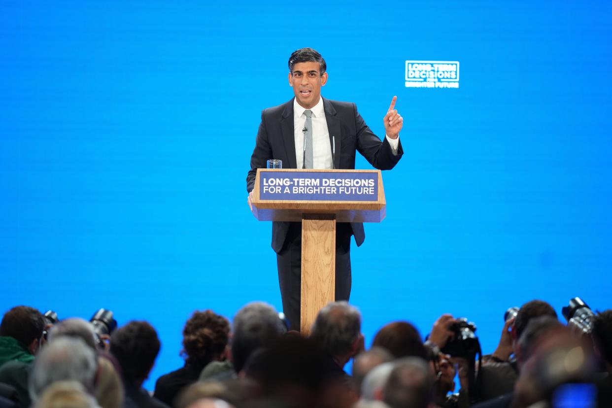 Prime Minister Rishi Sunak delivers his keynote speech at the Conservative Party annual conference at Manchester Central convention complex. Picture date: Wednesday October 4, 2023.