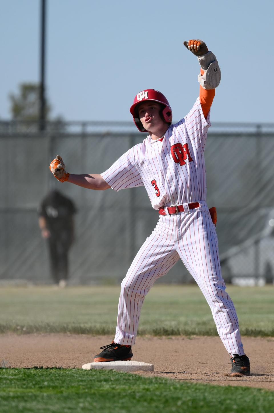 Oak Hill’s Connor Wagner celebrates after hitting a double to center-left field in the fifth inning against San Marino in Round 2 of CIF-Southern Section Division 4 playoffs on Tuesday, May 7, 2024 in Oak Hills. Oak Hills defeated San Marino 9-6 and will play Culver City in the Quarterfinals on Thursday, May 10.