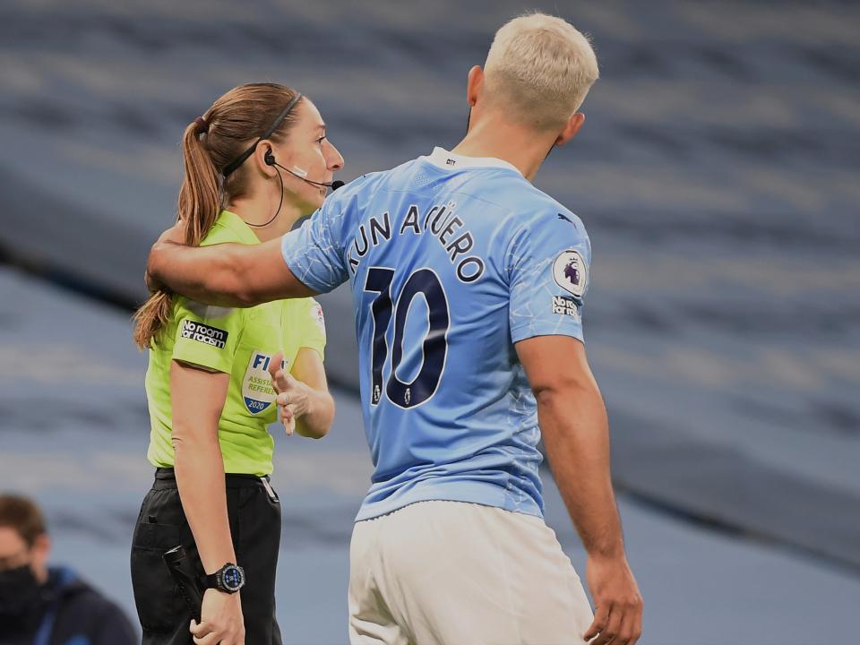 Sergio Aguero puts his arms around Sian Massey-Ellis’ shoulder (Getty Images)