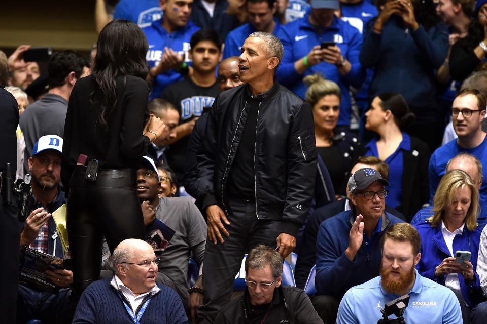 Barack Obama watching a college basketball game in Durham, North Carolina, February 20, 2019.