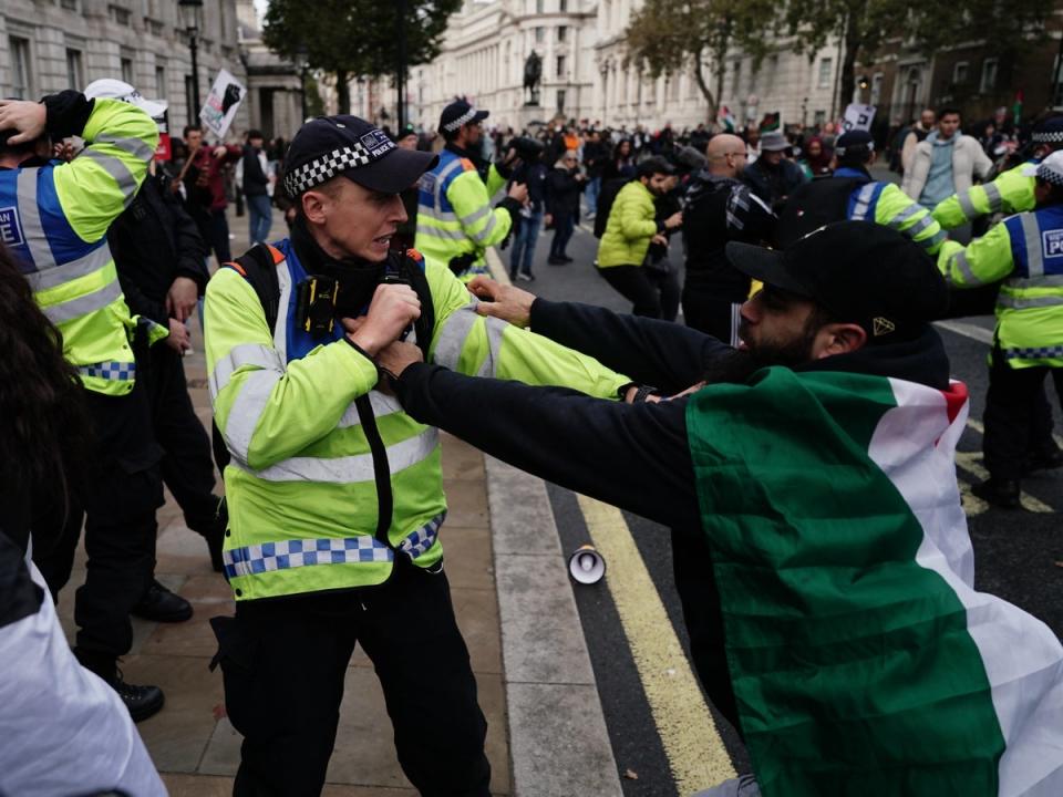 Police officers clash with protesters on Whitehall on Saturday (PA)