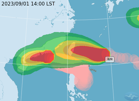 氣象局宣布將在晚上8時半發布海警，並可能在明日清晨或上午發陸警，估在週日清晨到上午登陸台灣。   圖：取自中央氣象局