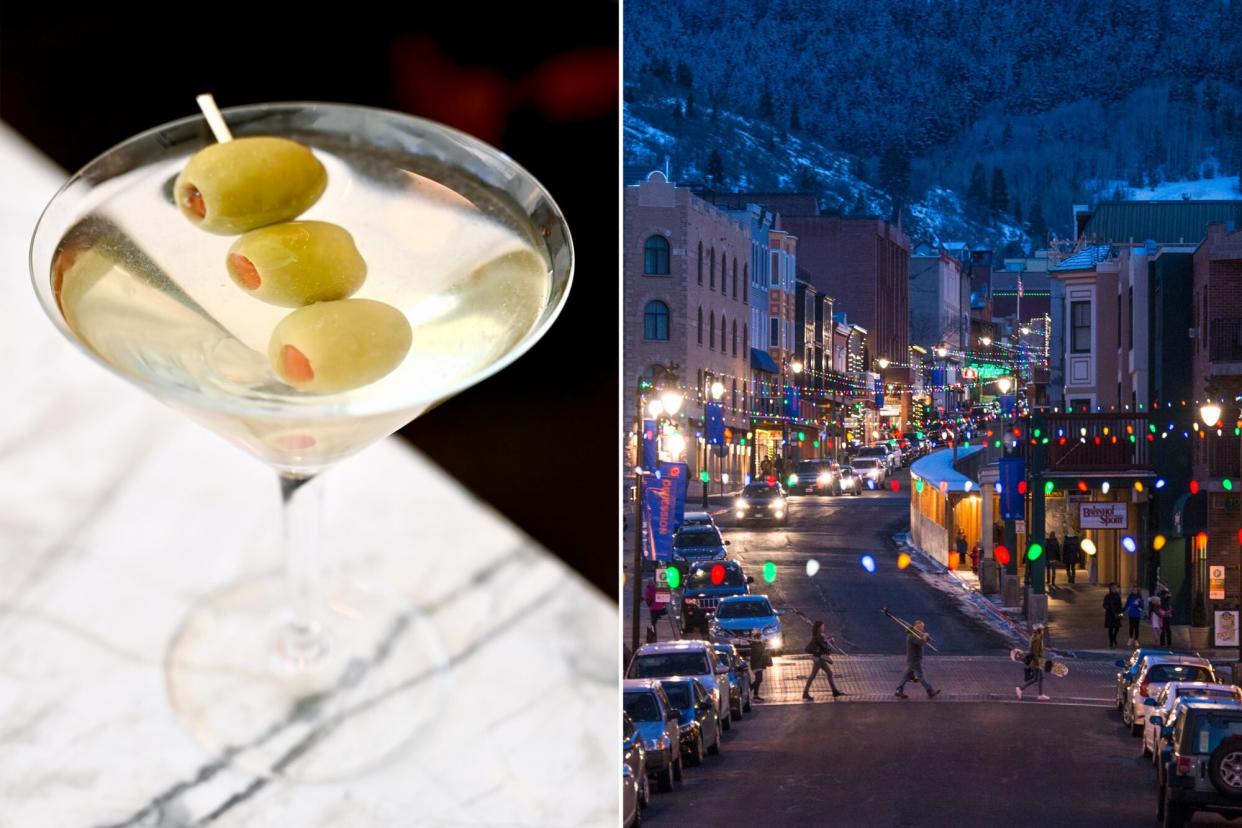 A mini dirty martini from Kita; Park City, UT at night