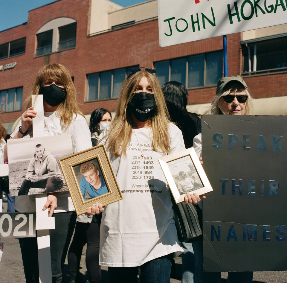 Moms Stop The Harm members attend a demonstration at which the Drug User Liberation Front distributed meth, heroin, and cocaine that had been tested for fentanyl as part of the "safe supply" movement, on April 14, 2021.<span class="copyright">Jackie Dives</span>