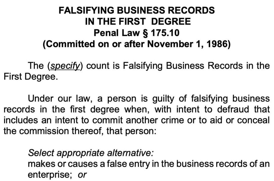 The standard jury charge for falsifying business records in the first degree, saying: "The (specify) count is Falsifying Business Records in the First Degree. Under our law, a person is guilty of falsifying business records in the first degree when, with intent to defraud that includes an intent to commit another crime or to aid or conceal the commission thereof, that person: Select appropriate alternative: makes or causes a false entry in the business records of an enterprise."